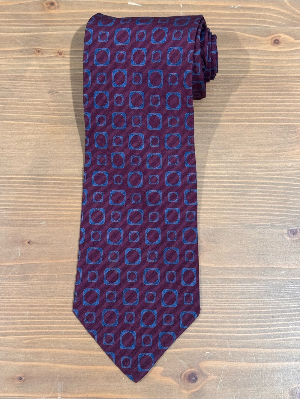 Giorgio Armani Burgundy Tie with Blue Geometric Squares